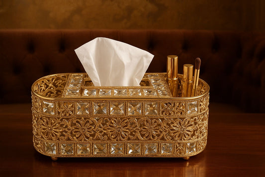 Luxury Mirrored Metal Tray with Tissue Box – Elegant Home & Table Décor